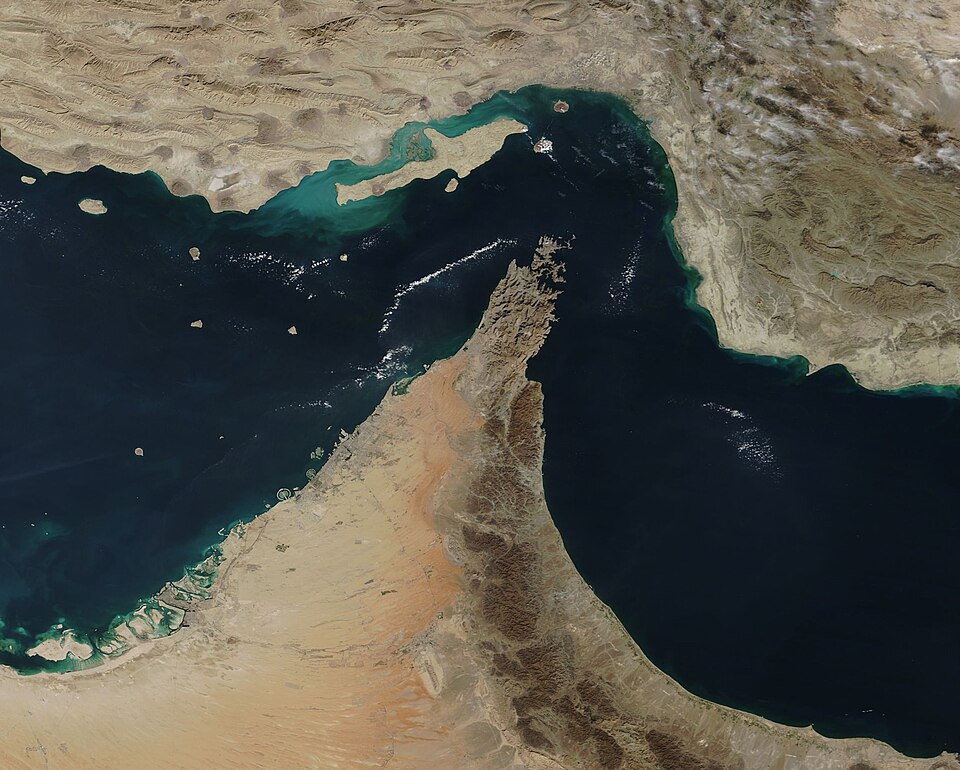 Satellite view of the Strait of Hormuz, the critical oil transit chokepoint between Iran and Oman