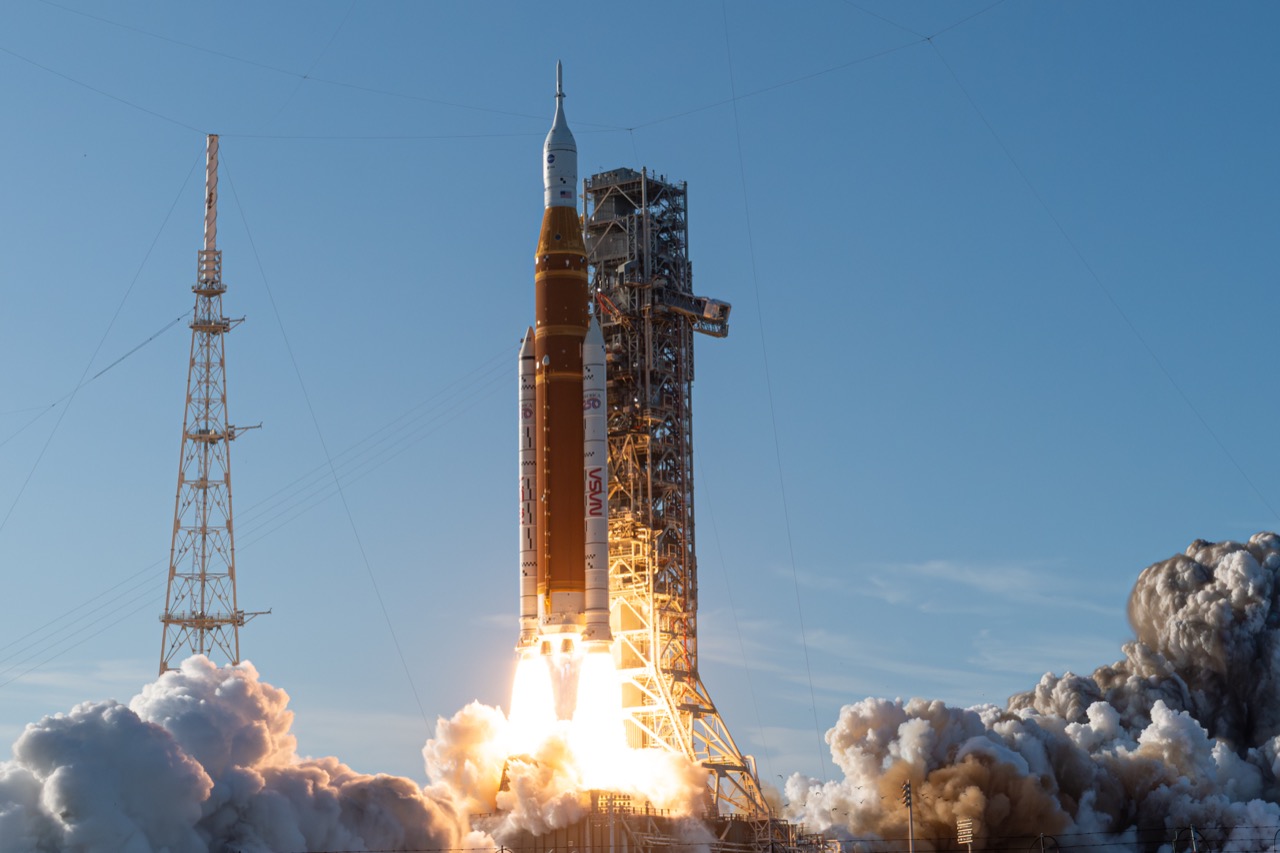 NASA Space Launch System rocket lifting off from Launch Complex 39B at Kennedy Space Center on April 1 2026
