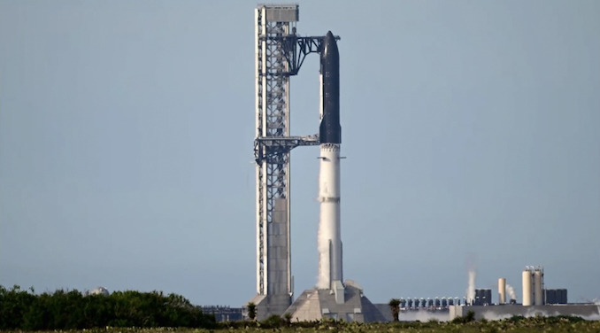 SpaceX Starship Flight 12 rocket on launch pad at Starbase Texas during scrubbed attempt on May 21 2026